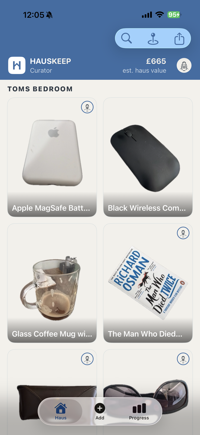 HausKeep app — Haus screen, a grid of catalogued items grouped by room, each showing its owner