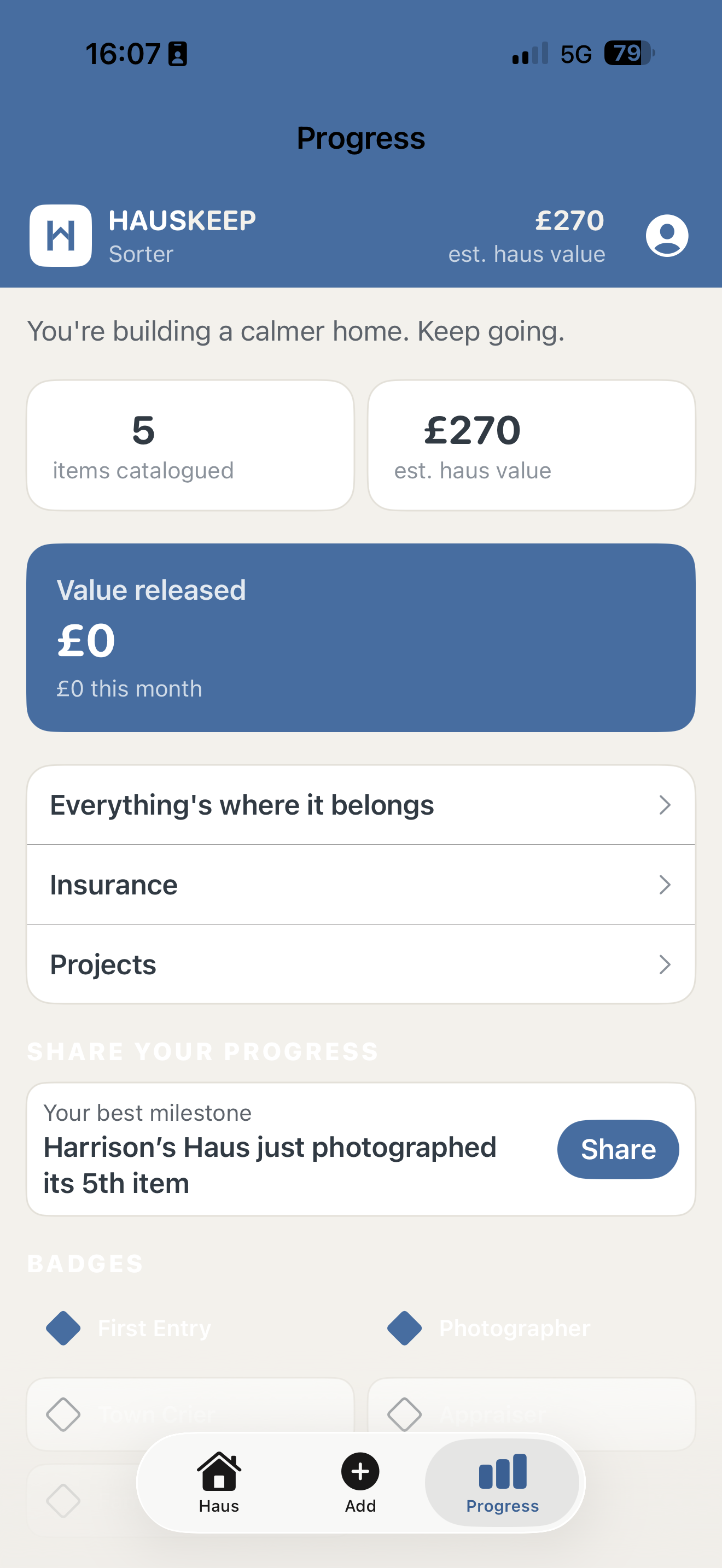 HausKeep app — Progress screen, showing catalogued items and est. haus value
