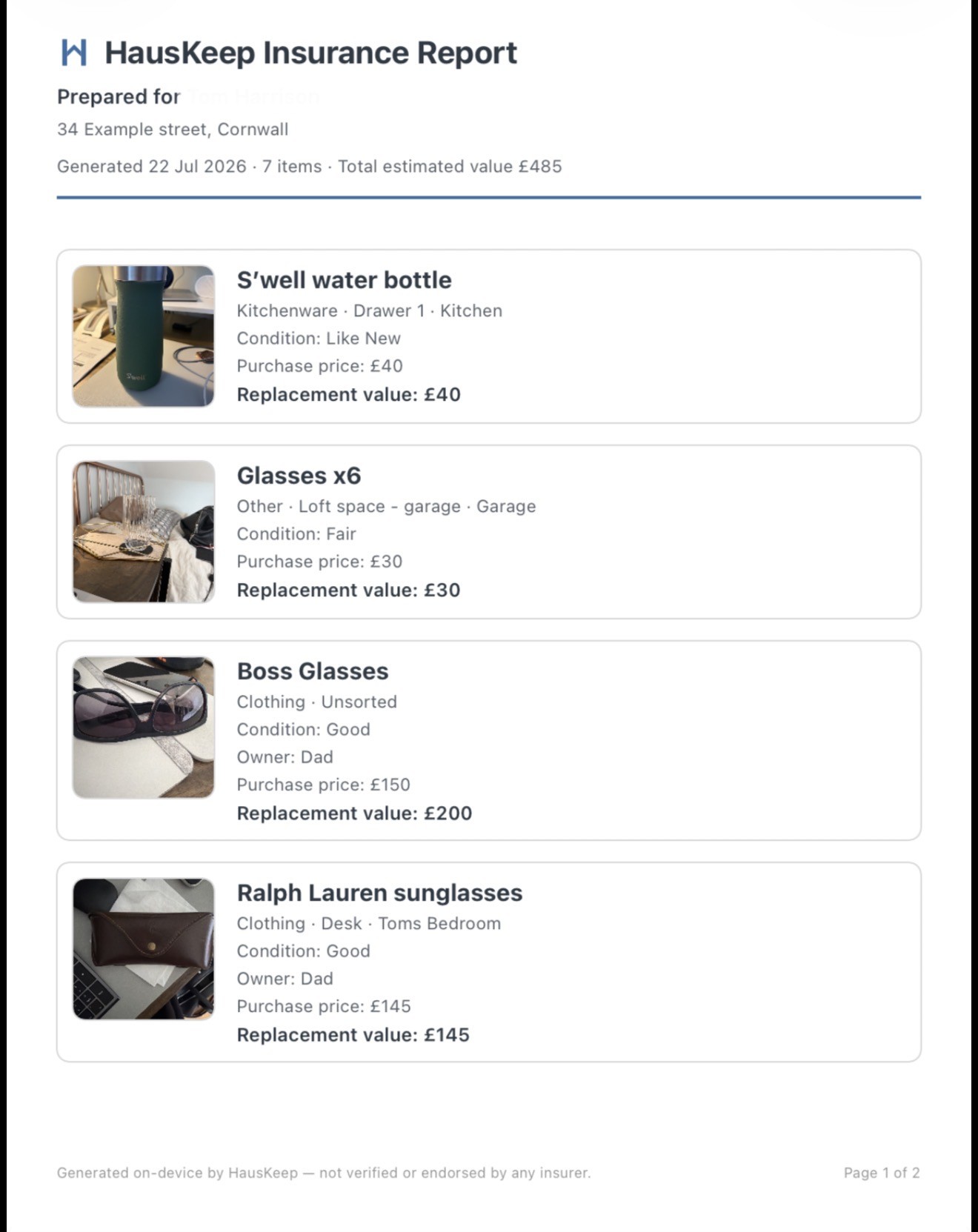 A sample HausKeep Insurance Report page, listing catalogued items with their room, condition, and replacement value, with a footer noting it is generated on-device and not verified or endorsed by any insurer.